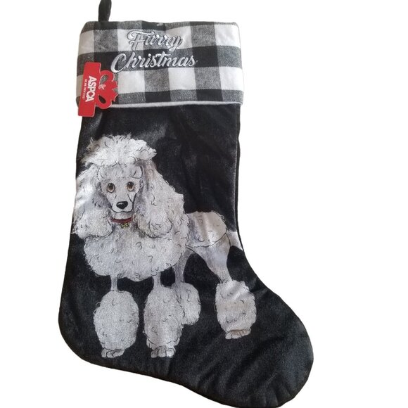 Poodle Dog Christmas Stocking Black Velour Furry Christmas Buffalo Plaid Cuff - Picture 2 of 7